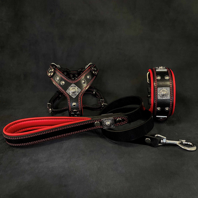 "EROS" Small to Medium dog SET - Harness - collar - lead Black&Red