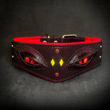 The Blood Dragon Collar - wide dark red snake-embossed leather dog collar with two red dragon eyes, yellow diamond inlays, red crystals and bright red lining, front view
