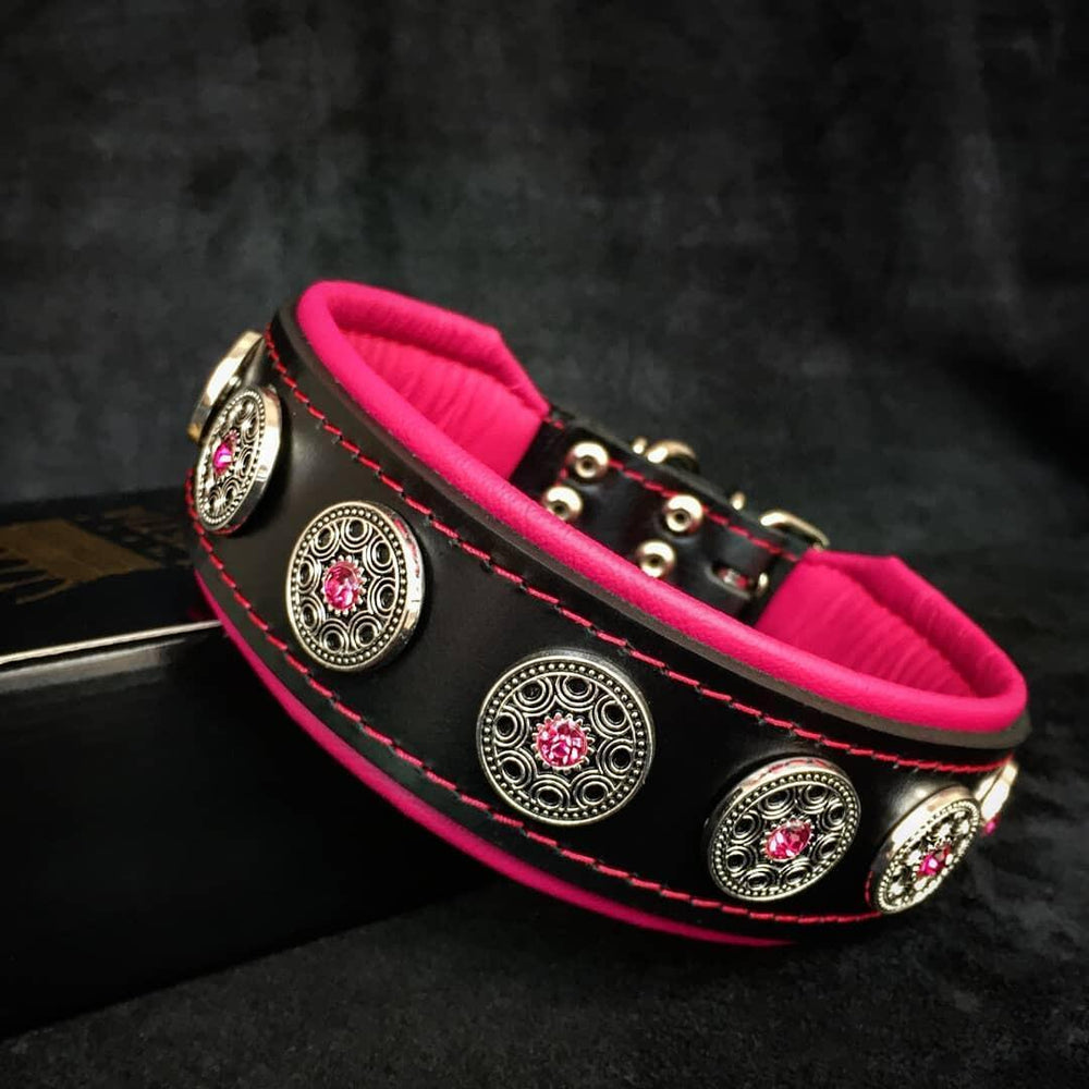 Bestia Pet Lederhalsband – Handgefertigt, 5cm Breit, Größe L, Schwarz-pink, Für Große Hunde