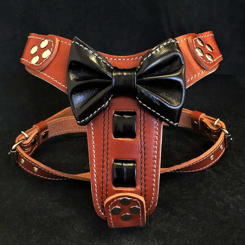 The "Bowtie" leather harness brown Small to Medium Size Harnesses